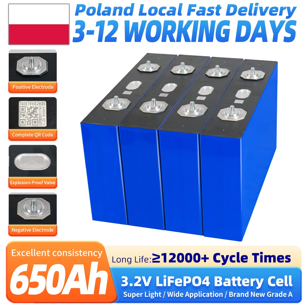 PWOD 2/4/8 Stück 650Ah 3,2V LiFePO4 Batterie 12000 Zyklen Klasse A Wiederaufladbare Zellen DIY 12V 24V 48V für Wohnmobil, Elektrofahrzeug, Boot, Camper, Trolling-Motor