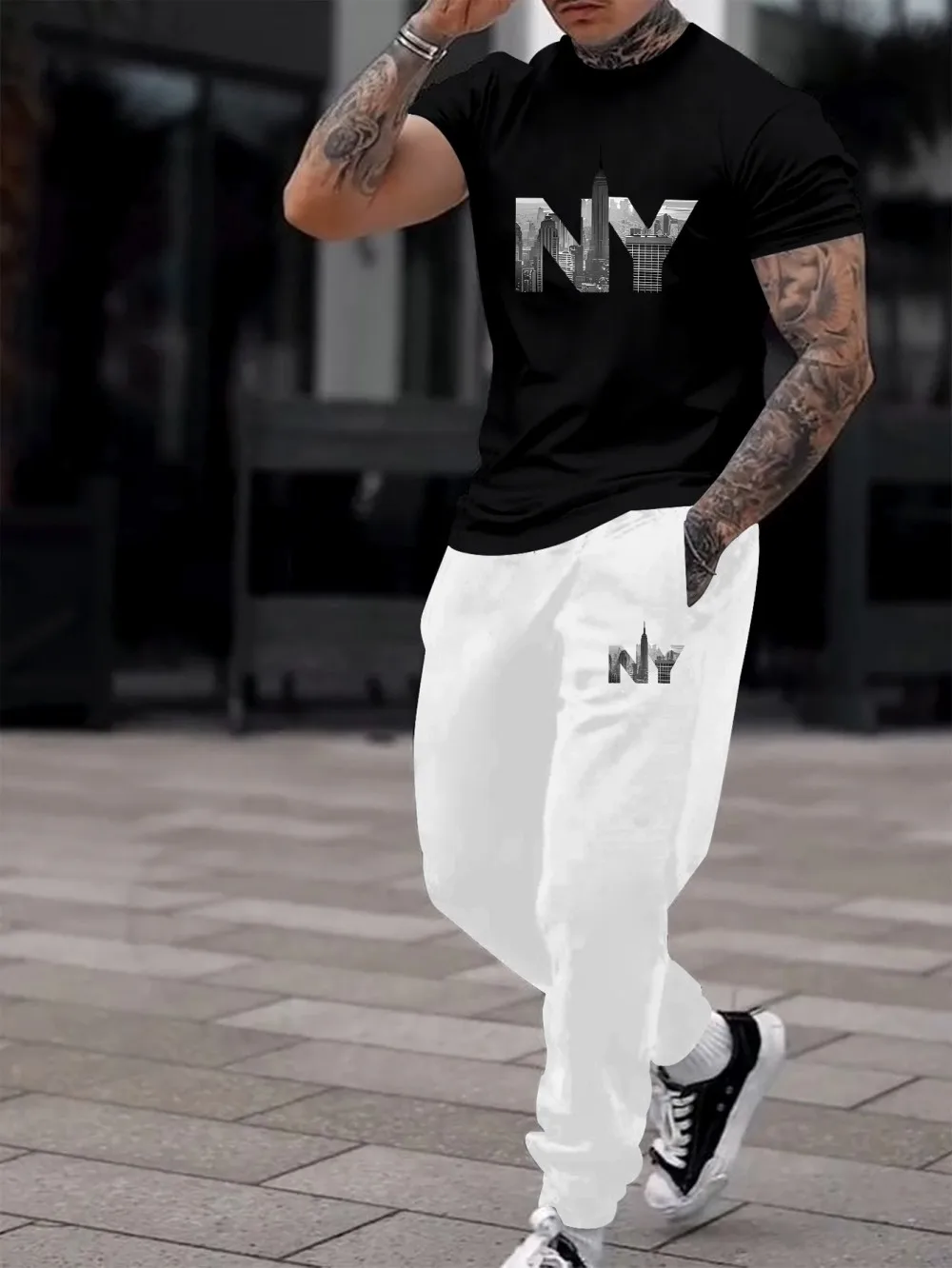 

Fashionable Men's Summer Letter City Printed Comfortable Breathable Round Neck T-shirt Pants Set Outdoor Urban Casual Clothing