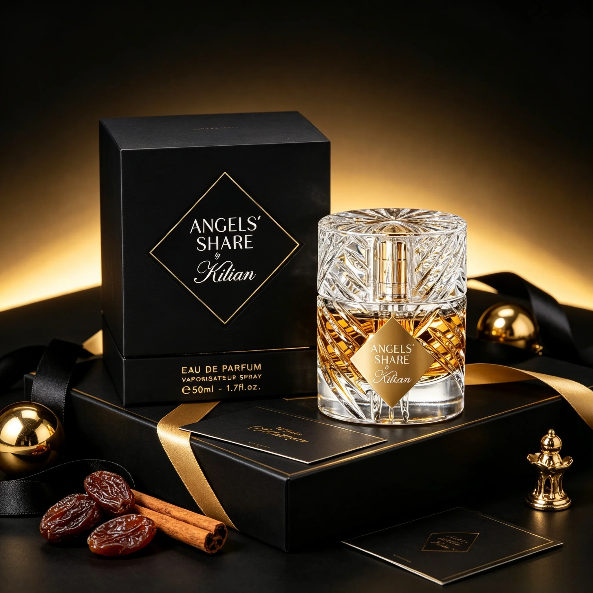 Angels’ Share by Kilian Gender Neutral Perfume Complete Matte Black Diamond Embossed Gift Box Sculpted Wheat Cut Crystal Vessel Shiny Gold Square Plate Top Warm Boozy Caramel Whiskey Fragrance Blogger Aesthetic Travel Unisex Salon Perfume