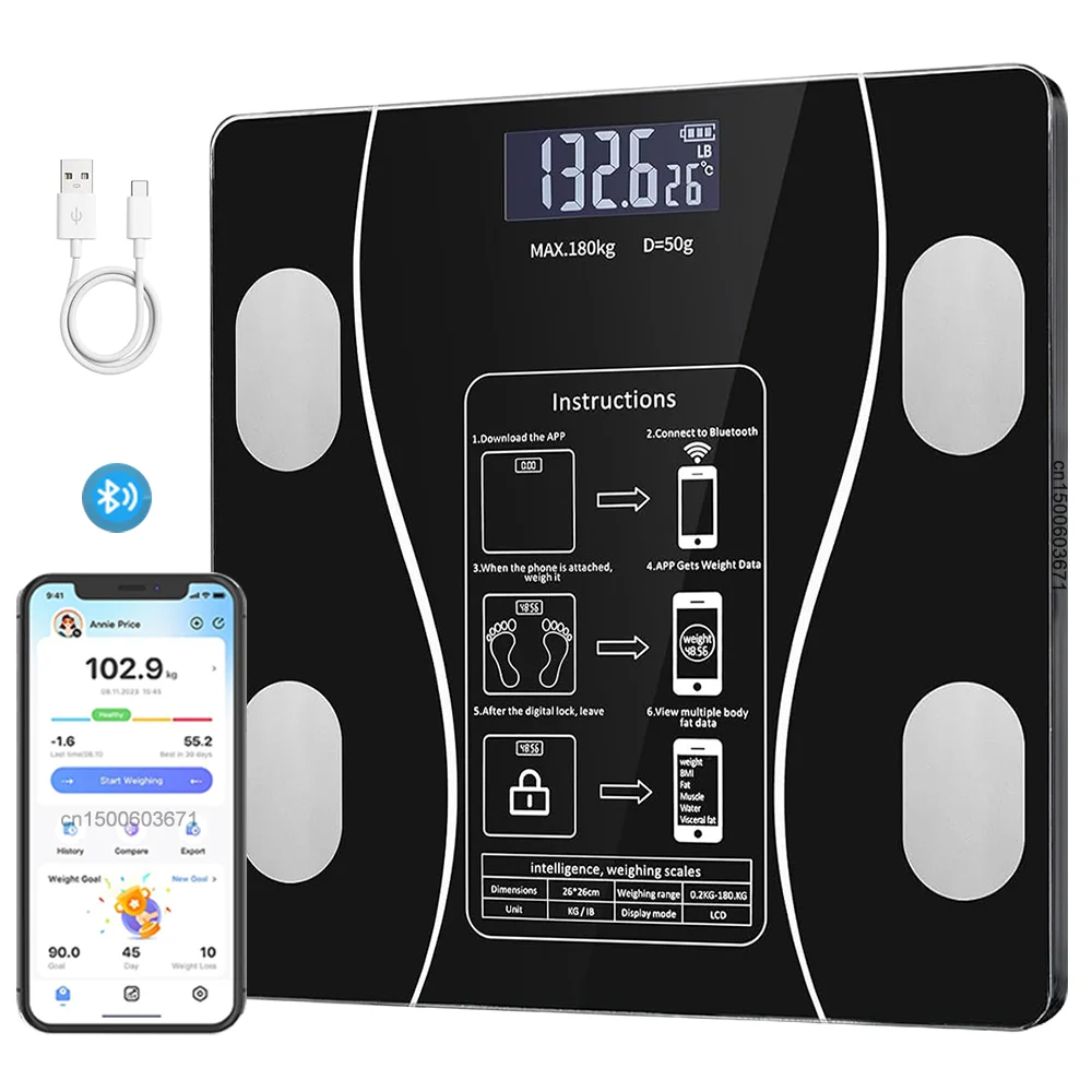 Bilancia per il peso corporeo con misurazione della massa grassa, bilancia digitale intelligente per il bagno, bilancia wireless intelligente per il peso corporeo, la massa grassa, la massa muscolare