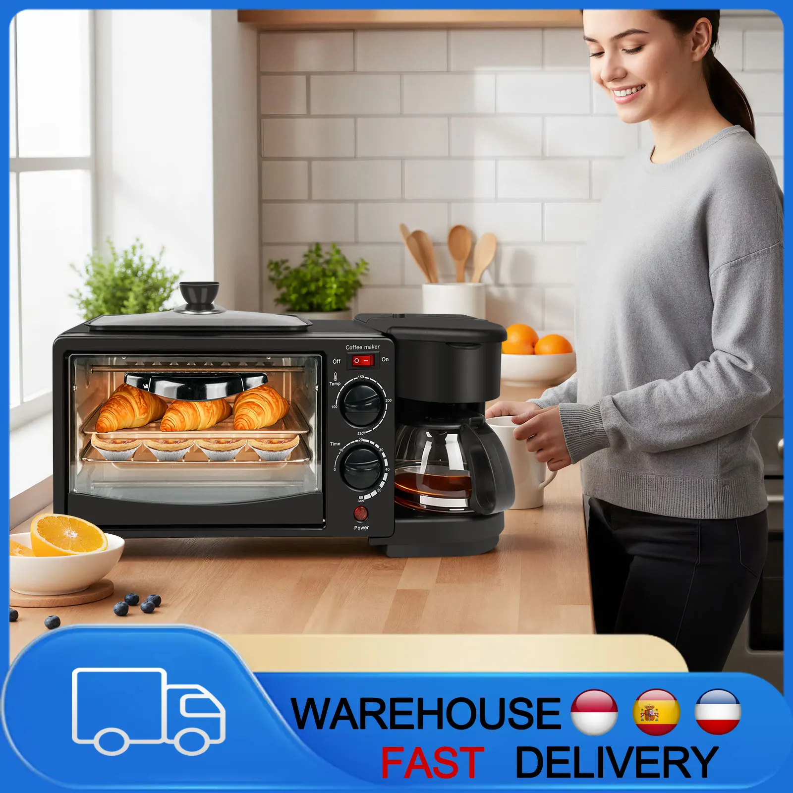 Estación de Desayuno Multifuncional 3 en 1 con Horno, Cafetera, Control de Temperatura y Asa Antiescaldante, Máquina para Hacer Desayunos en Casa
