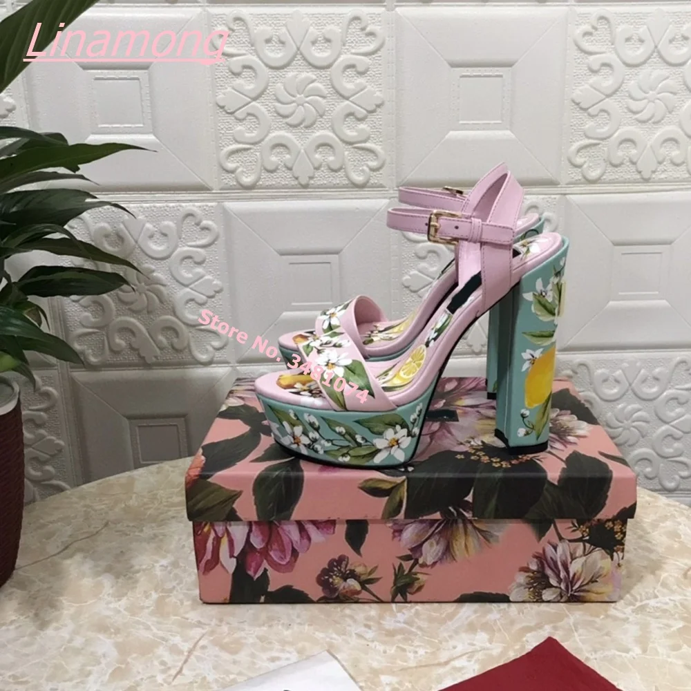 2025 Summer New Luxury Women Sandals Print Open Toe Retro Square High Heel Buckle Leather Platform Free Shipping Party Shoes view 4