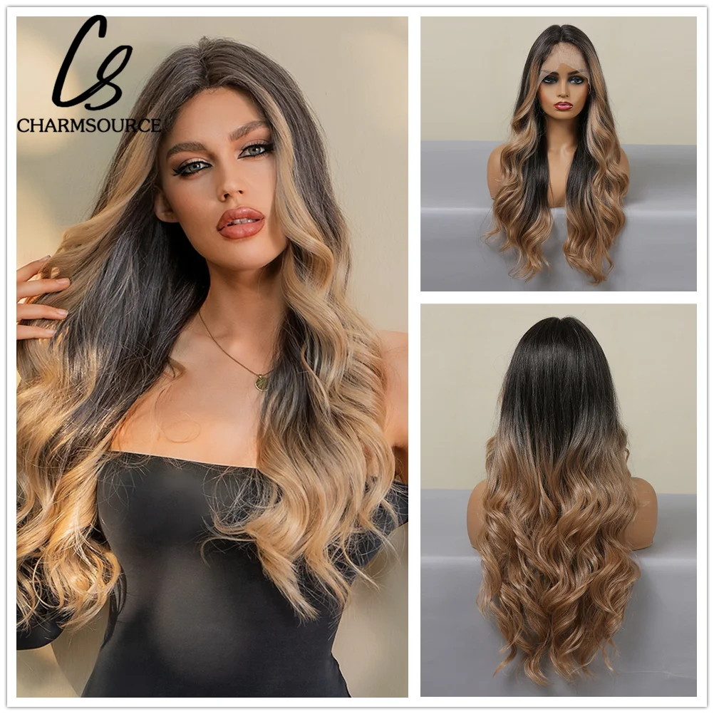 

CharmSource Synthetic Front Lace Wig Long Loose Body Wavy Black Ombre Golden Wigs for Women Daily Party Heat Resista
