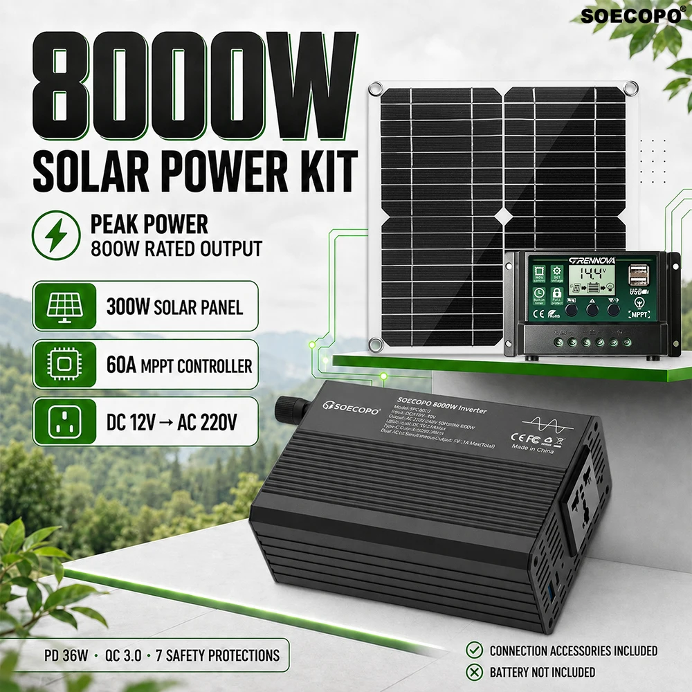 SOECOPO 8000W Version Off Grid Solar Power Kit 800W Rated Inverter DC12V to AC220V MPPT Controller Dual USB for Laptop TV Router