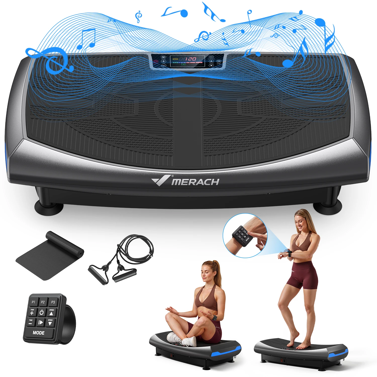 Merach 4D Vibration Plate Exercise Machine Full Body Workout Equipment Shake Board with 450lbs Capacity 120 Speeds 7 Vibrating Modes & 3 Presets 2 Resistance Bands Bluetooth Vibration Fitness Platform for Weight Loss Fat Burner Lymphatic Drainage Gym Home