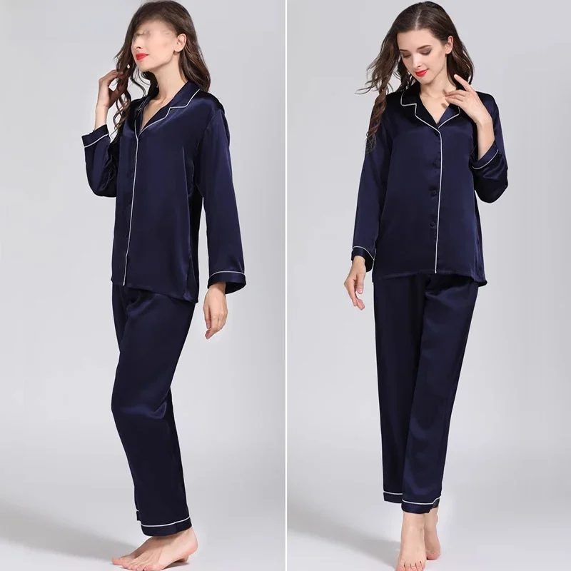 100% czysty jedwab kobiet klasyczny zestaw piżamy koszula nocna M L XL YM007 — zdjęcie 2