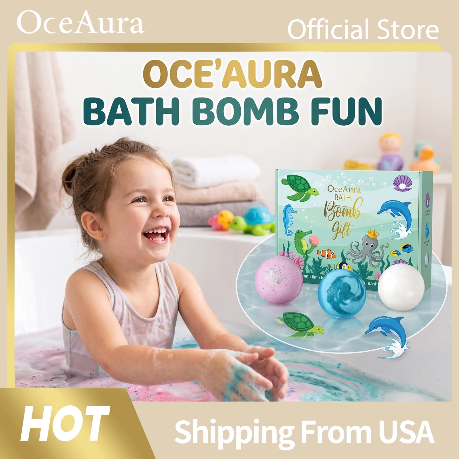 OceAura Ocean Multicolor Bath Bombs Set Fizzies Surprise Hidden Toy Organic Safe Bubble Fun Bathtime Daily Moisturizing Cleansing Bath Salt