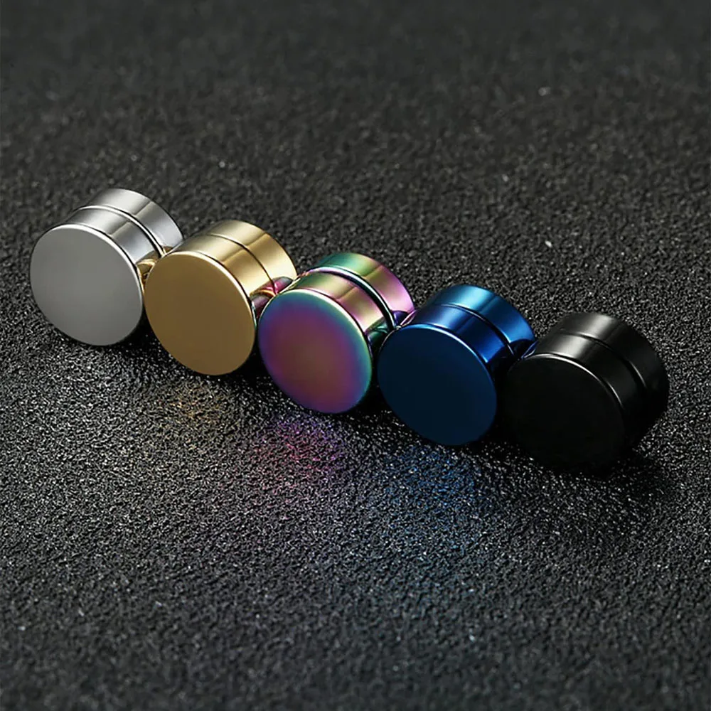 1 Pair Stainless Steel Magnetic Earrings for Men Women, Punk Non-piercing Clip on Stud Earrings Fake Ear Gauges for Men Women view 2