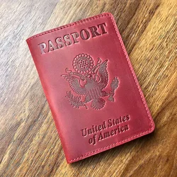 Funda de pasaporte de cuero genuino 100%, funda de viaje de EE. UU. para hombres, funda de cuero genuino, bolsa para pasaporte de América
