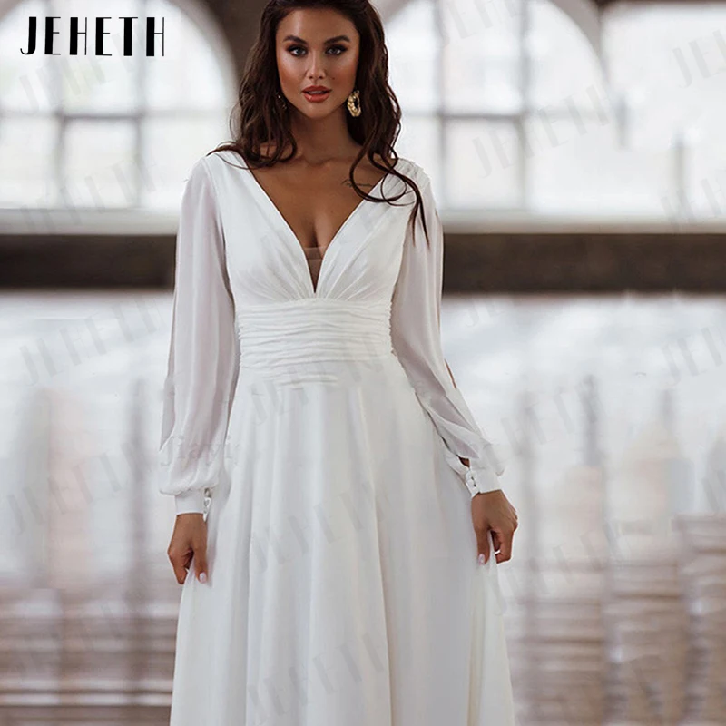 JEHETH-Vestidos de casamento simples A-Line, Sexy V-Neck, Split, Long Puff Sleeves, Vestido de Noiva Chiffon Sem Costas, Novo, 2024