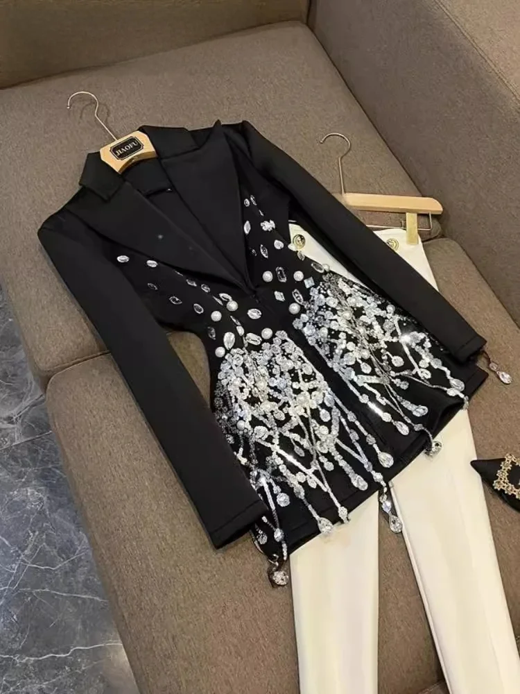 TWOTWINSTYLE solidna główna ulica łączona sukienka z diamentami dla kobiet z klapami z długim rękawem sukienki wieczorowe moda damska KDR8A0406 — zdjęcie 2