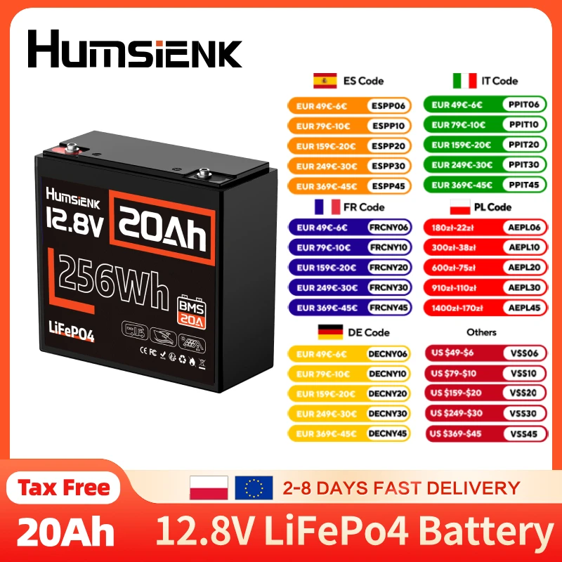 Humsienk 12V 20Ah LiFePo4 batterie avec 20A BMS Portable Lithium fer Phosphate batterie Rechargeable pour enfants Scooters bateau moteur