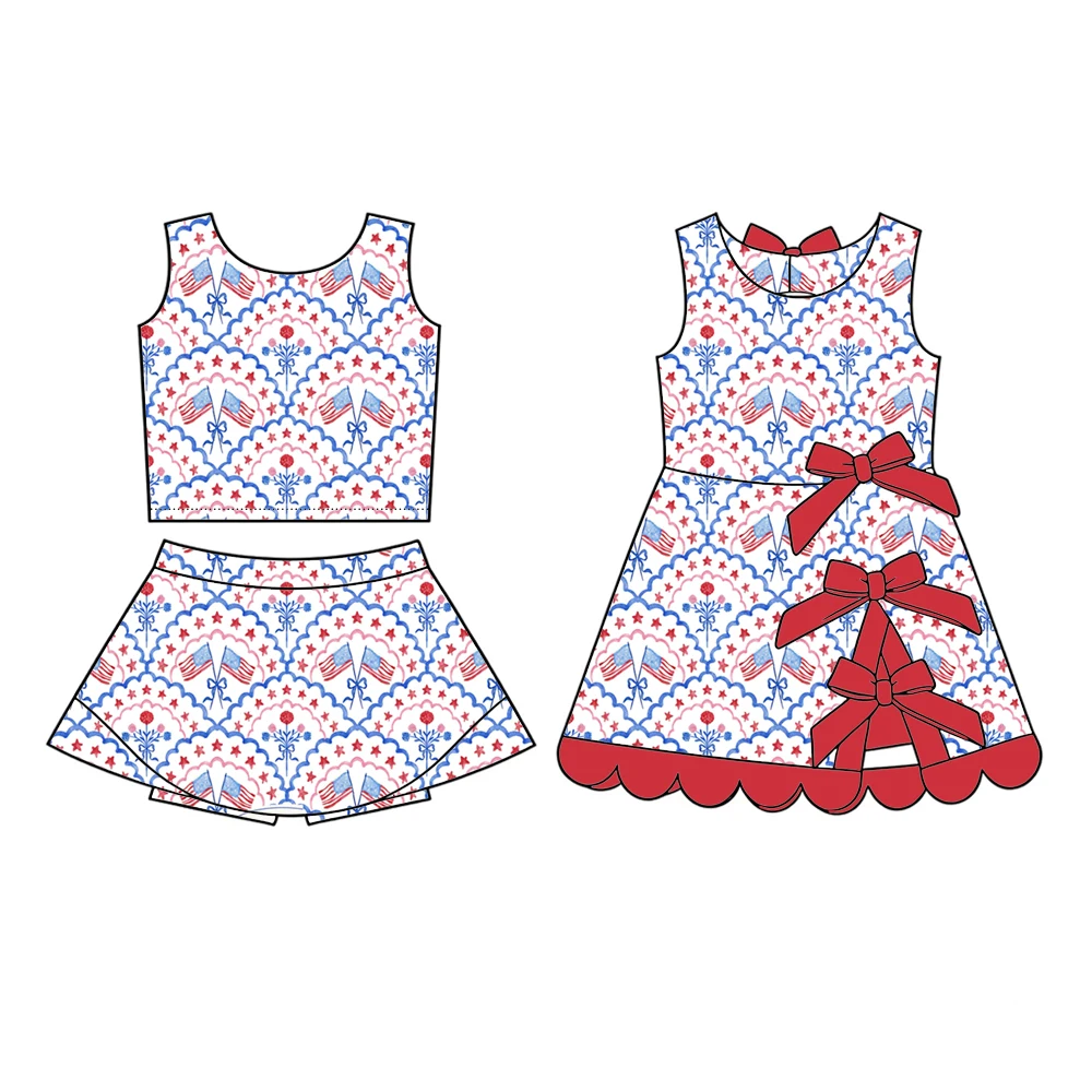Boutique kids set matching sister style Top paired short skirt girls set bow decoration dress July 4th print girl dress and set