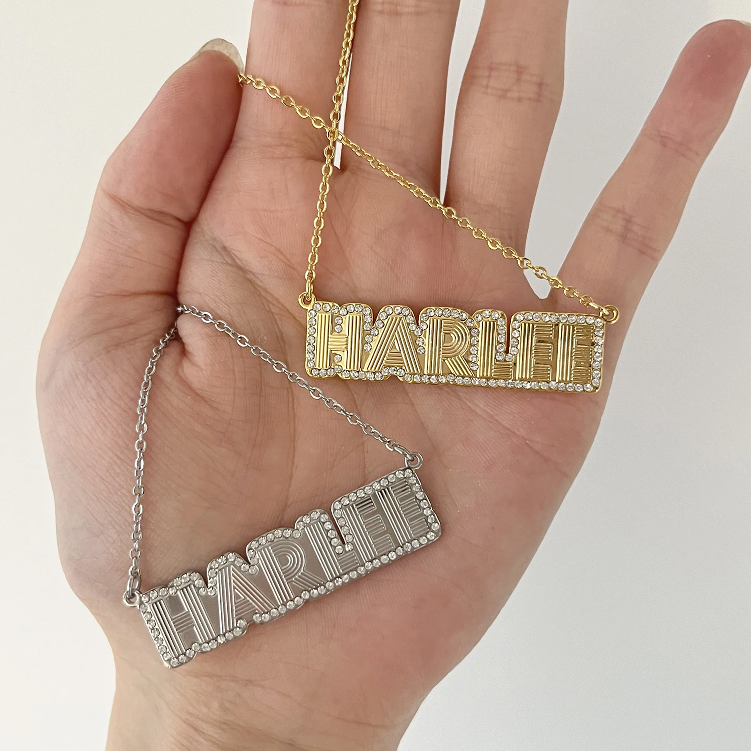 

PAVE OUTLINE FLUTED NAME NECKLACE Custom Block Letter Name Necklace Filled Curb Chain Design Perfect Gift for Her