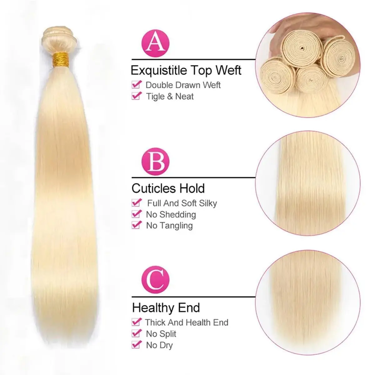 Bundles de cheveux humains raides blonds pour femmes, extensions de cheveux vierges, tissage de cheveux brésiliens, cheveux humains Remy, 3 faisceaux, 613