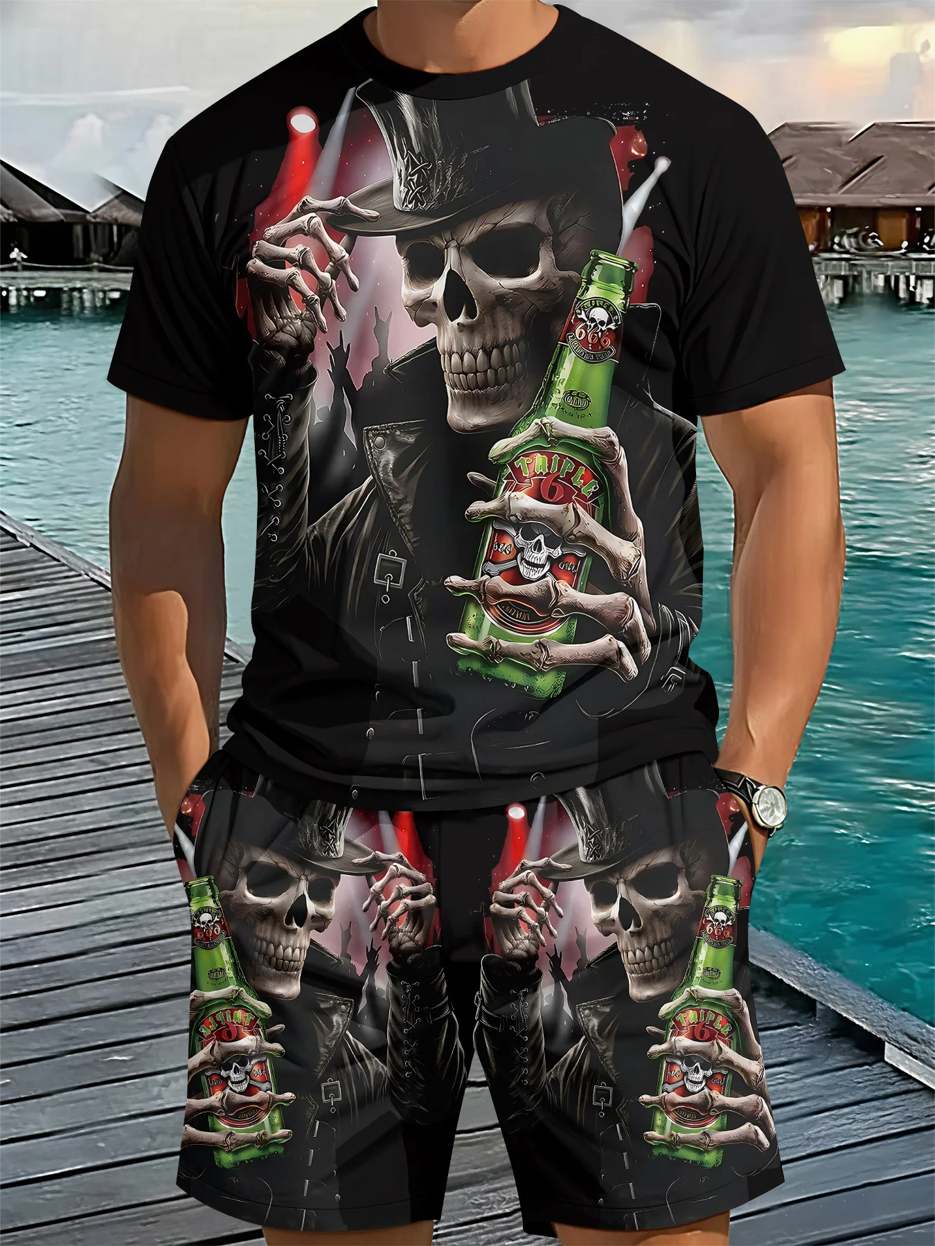 Nouvel ensemble décontracté d'été pour homme : T-shirt imprimé crâne et short – Style streetwear tendance, ample, respirant et doux à manches courtes