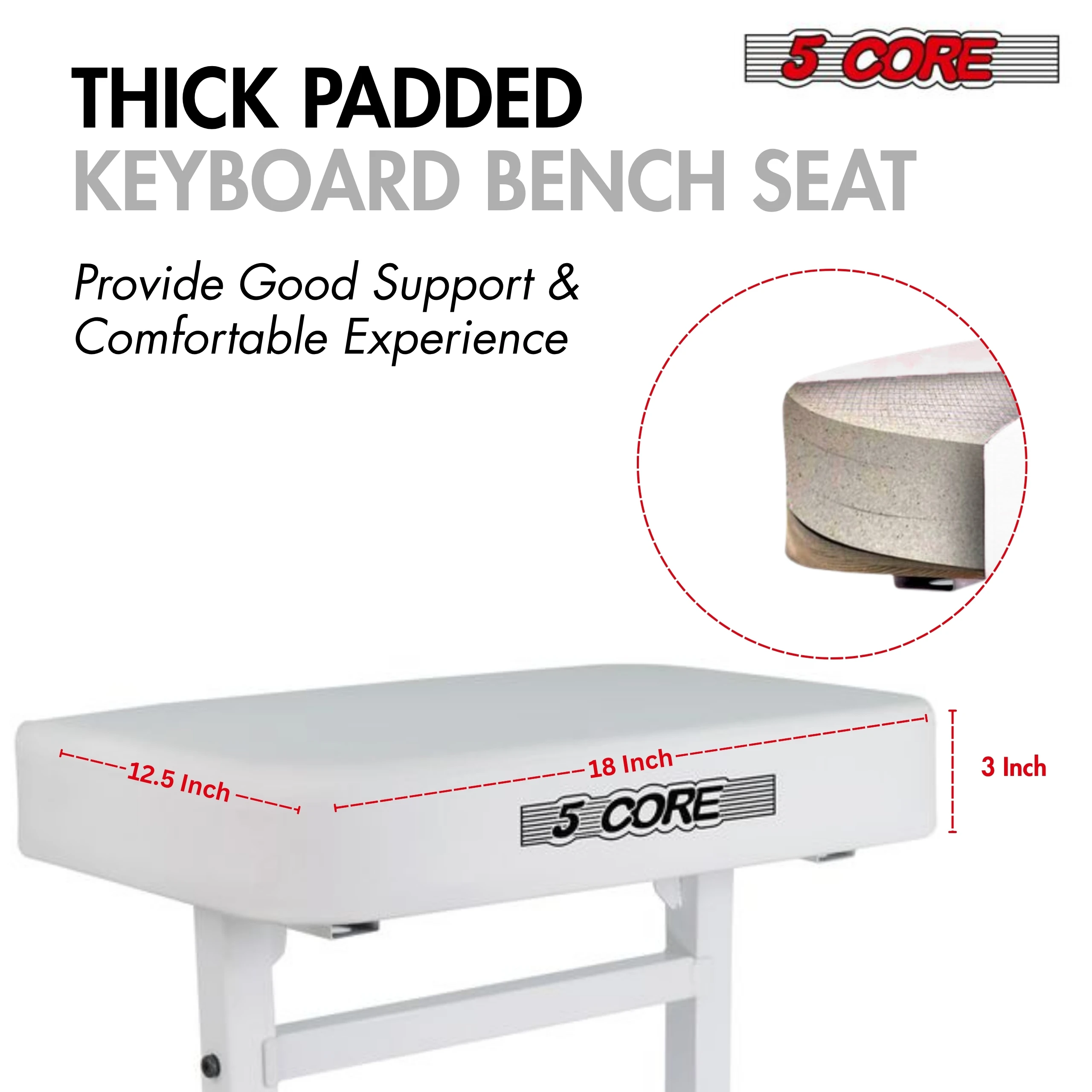 5 Core Keyboard Bench Piano Stool Thick Padded Seat Height Adjustable Keyboard Chair KBB H-ADJ WH view 6