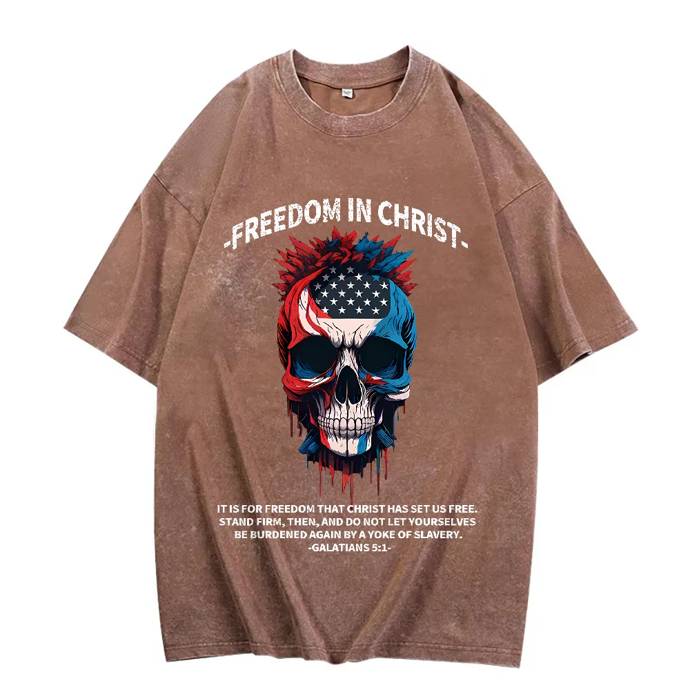 Camiseta lavada cristiana del Día de la Independencia de Freedom In Christ, camisetas informales de manga corta con cuello redondo para mujer, camisetas de gran tamaño