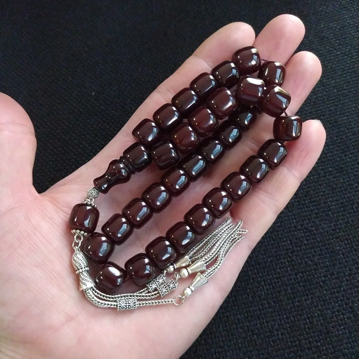 Cherry Amber Rosary, Jadid Faturan Tasbih, New Bakelite Amber Prayer 33 Beads, Master Osama Omari, Misbaha, 11 mm Barrel  مسبحة