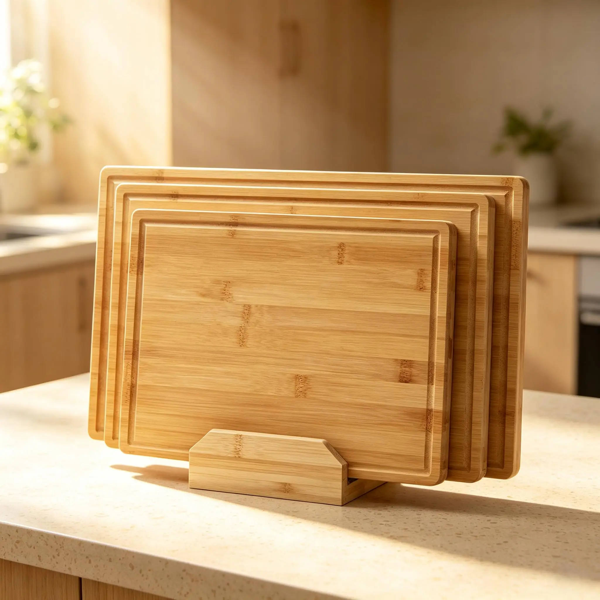 Planche à découper de cuisine, planche à découper en bambou. Convient pour préparer et servir des plats en cuisine – un ensemble de planches en bambou avec support. Peut être utilisé pour trancher la viande et les légumes froids.