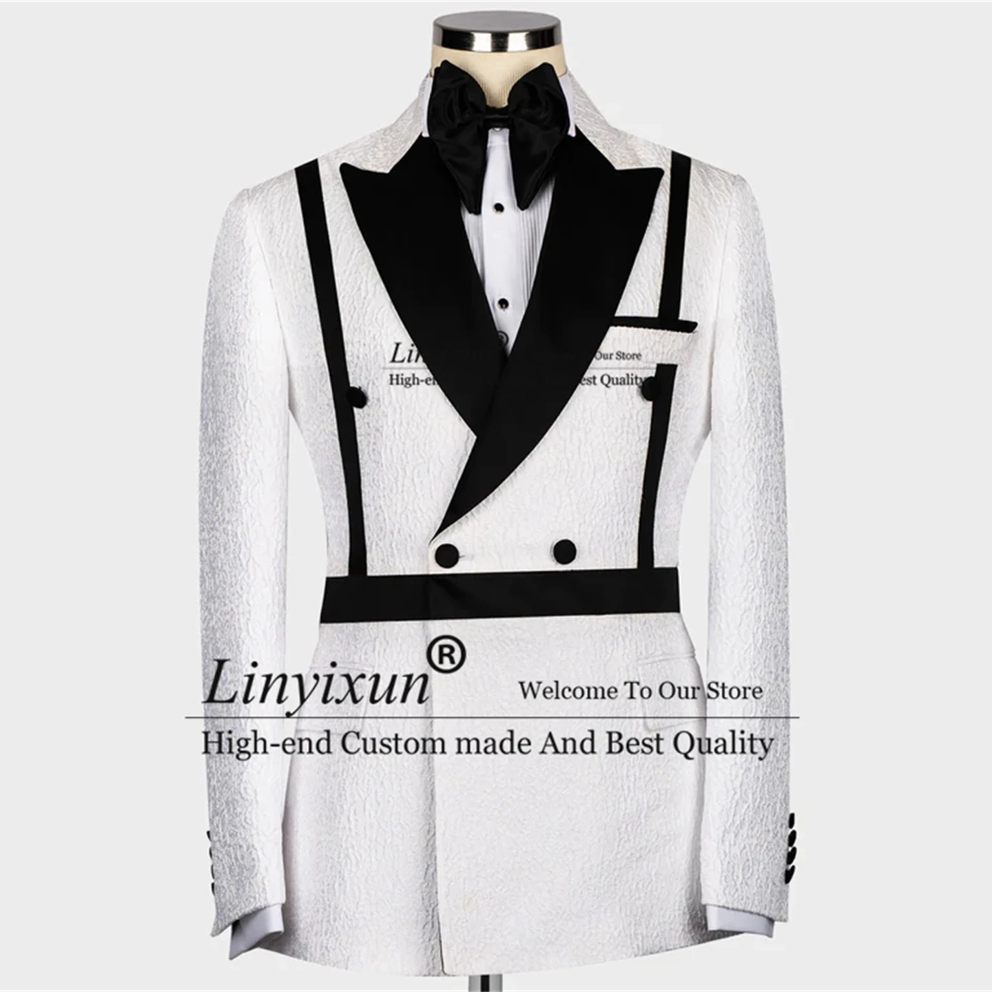 

Black And White Self Belted Double Breasted Tuxedos Peaked Lapel Men Suits 2 Pieces Sets Prom Blazers Pant Outfit Costume Homme