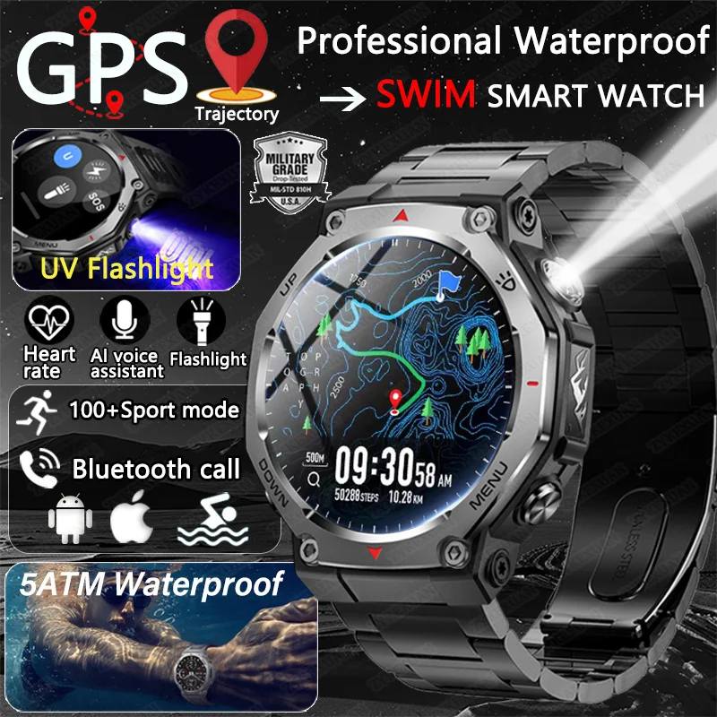 

2025 Новый светодиодный фонарик Военные умные часы VS T-rex 3 AMOLED HD Экран 5ATM Водонепроницаемые 100 + спортивный режим BT Call Smartwatches Мужские