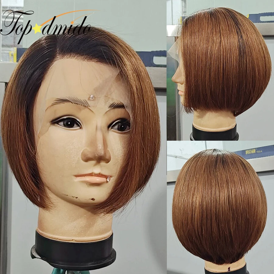 Topodmido Ombre Brown Color Bob Lace Wigs with Side Part Dark Roots Short Hair Wig for Woman