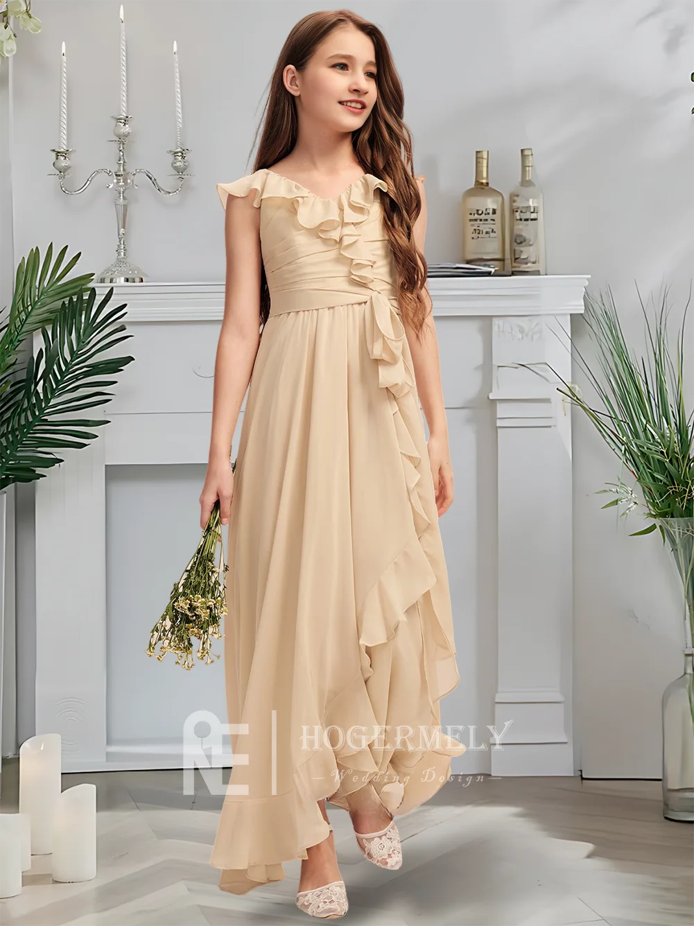 Lussuoso abito da damigella d'onore junior con scollo a V Abito da ragazza di fiori color oro cipria Chiffon asimmetrico con volant a cascata a strati Matrimonio