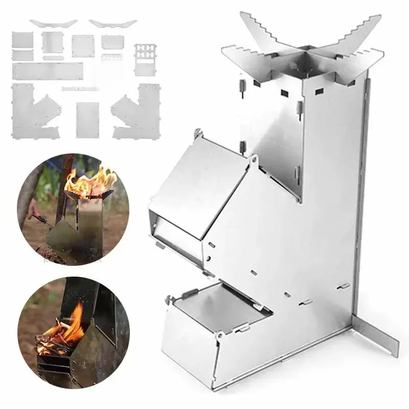 Poêle à bois de camping pliable en acier inoxydable, poêle à bois de pique-nique, poêle à bois de fusée pliable pour la randonnée, la pêche, le barbecue