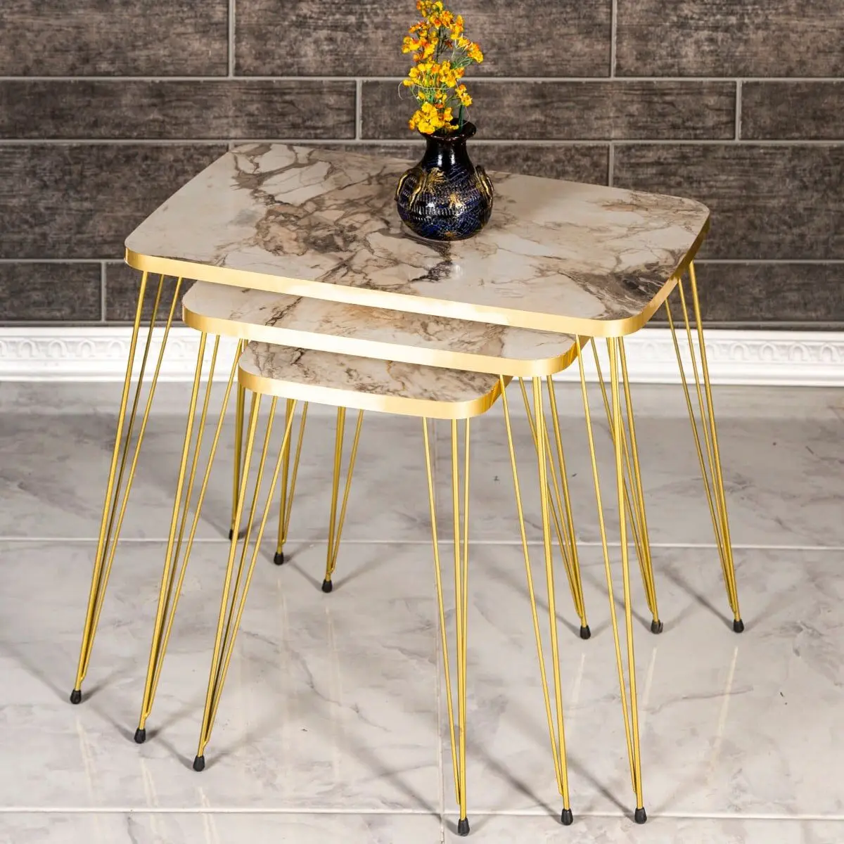 3 Piece Luxury Gold Nesting Table for Living Room Decorative White Marble Metal Leg Nordic Coffee Table Furniture Set