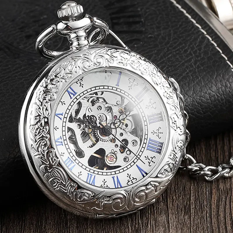 Antyczne pełne srebro zegarek kieszonkowy ze stali nierdzewnej mechaniczne mężczyźni Steampunk Vintage ręcznie wiatr grawerowane Fob wisiorek zegar kobiety — zdjęcie 2