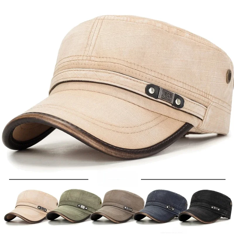 Casquette plate réglable en coton délavé blanc vieilli avec reliure en cuir, style cadet, chapeau de soleil, casquette de camionneur, casquette de papa