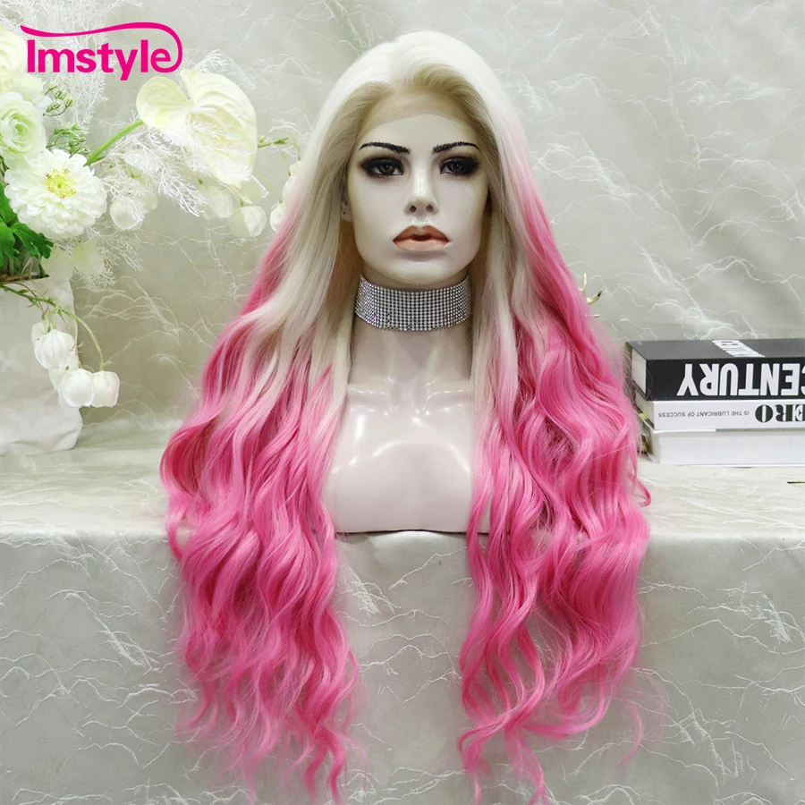 Imstyle Ombre Pink Platinum Wig Synthetic Lace Front Wig Long Deep Wave Party Cosplay Wigs For Women Heat Resistant Fiber