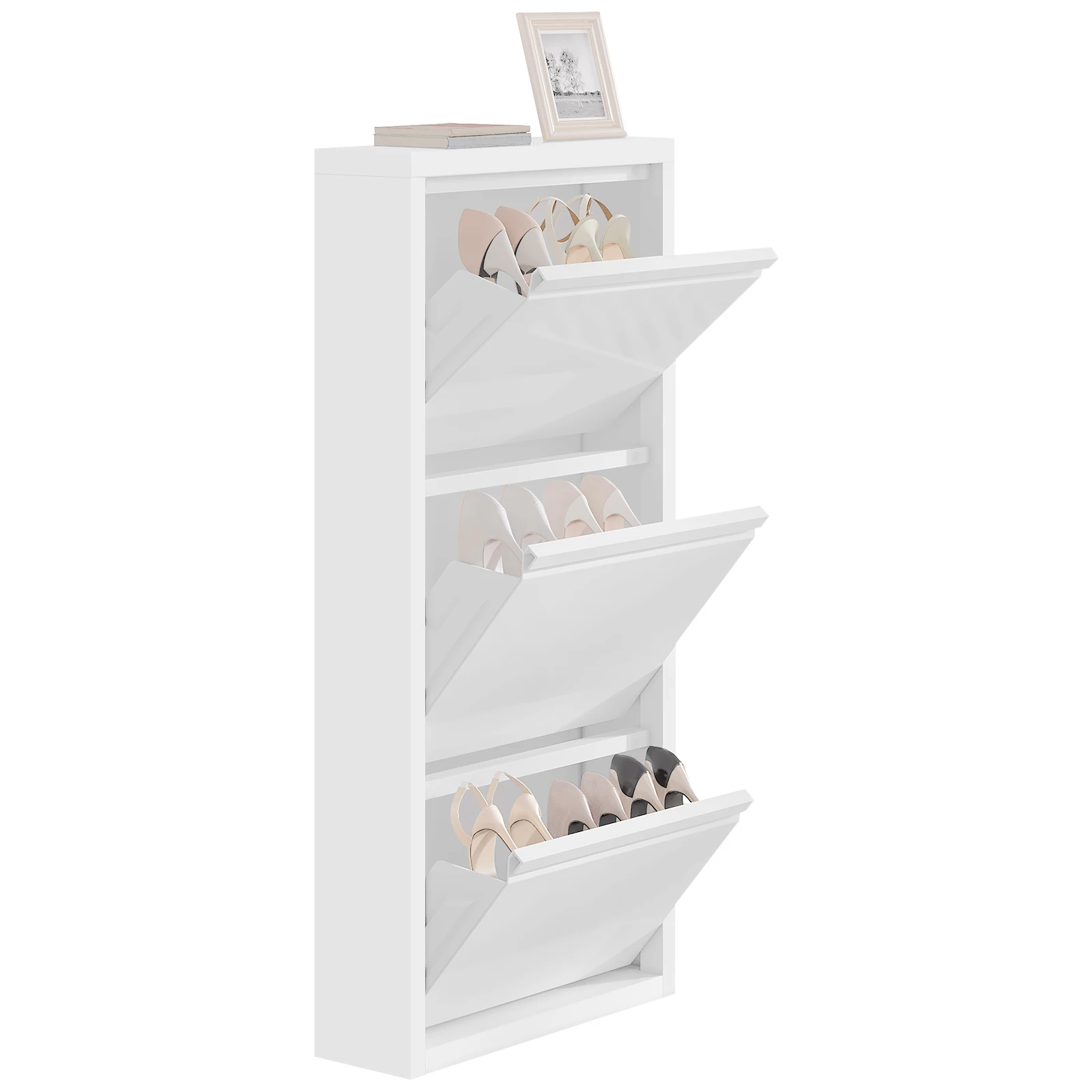 50x106x15cm Shoe Storage White Shoe Cabinet with 3 Flaps Closed Shoe Rack Narrow Shoe Chest of Drawers for Hallway Living Room