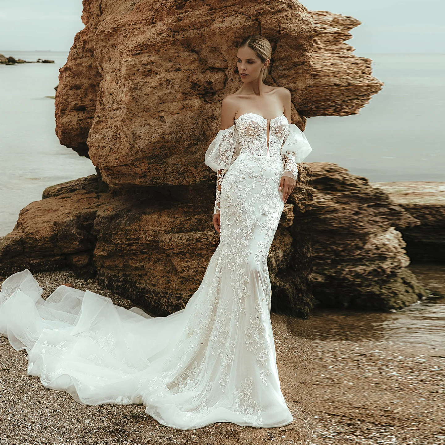 Sharon Said 2026 Modern Sweetheart Mermaid Off White Lace Wedding Dress Vintage Puff Sleeve Corset Bridal Gown SW482 Customized