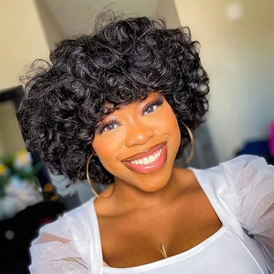 Brazilian Remy 100% Human Hair Bouncy Curly Bob With Bangs For Women Machine Made Wigs 250% Density Bob Wigs Natural Color