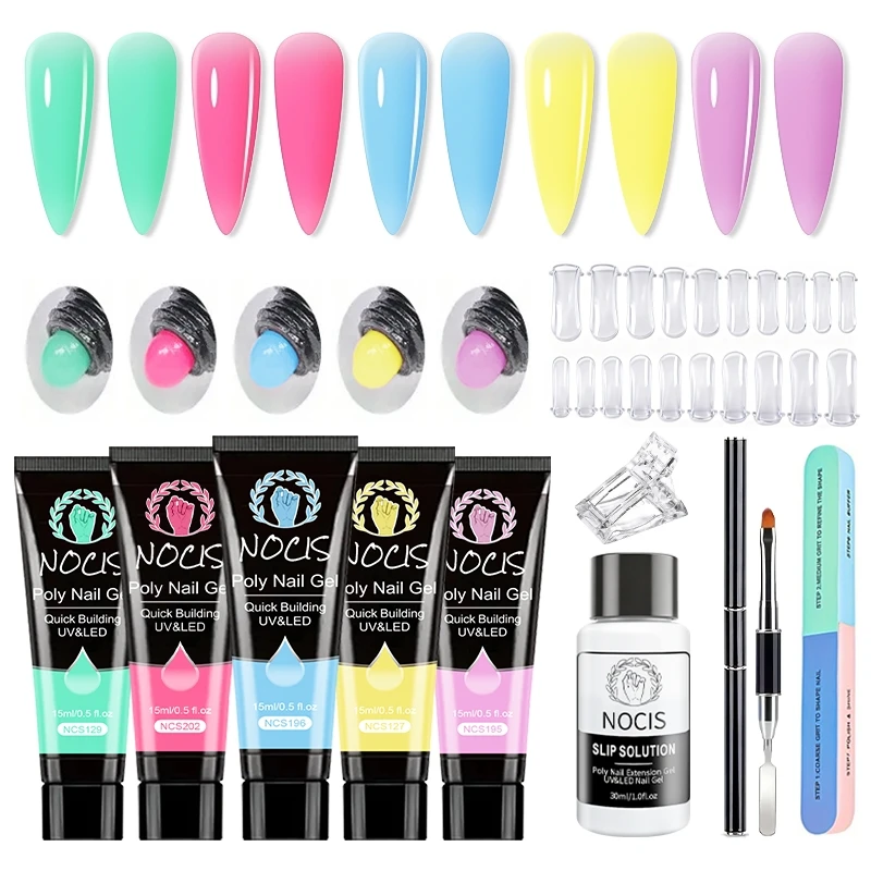 

Набор для наращивания ногтей NOCIS Poly Nail Gel Kit - 5 цветов геля для долговечного наращивания, не требует электричества, включает инструменты для нейл-арта