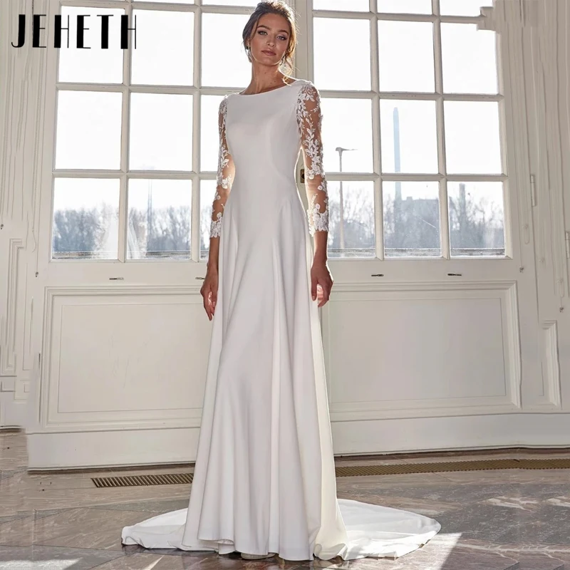 JEHETH Vintage Lace Long Sleeves Wedding Dress Women Satin A-Line Simple Bridal Gowns Scoop Neck Elegant Button Vestido De Novia