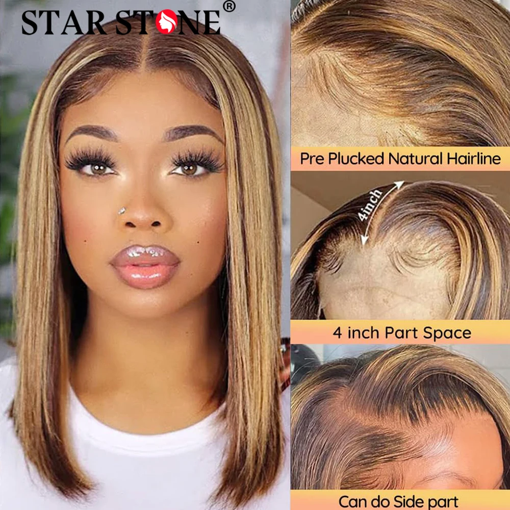 

Straight Highlight T Part Lace Wig Brazilian Hair Pre Plucked 100% Human Hair Wigs For Women Honey Blonde Ombre Short Bob Wigs