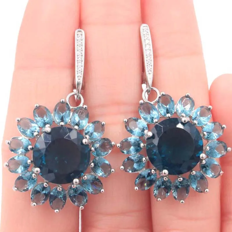 

42x26mm Gorgeous 11g Round Violet Tanzanite Dark London Blue Topaz White CZ Engagement 925 Solid Sterling Silver Earrings