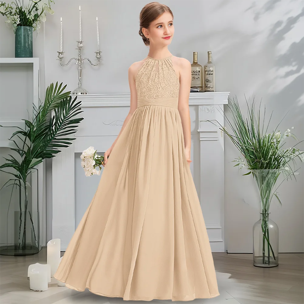 B ホルター ジュニア ブライズメイド ドレス ミッドナイト ネイビー フラワー ガール ドレス フロアレングス シフォン レース 聖体拝領ドレス 結婚式