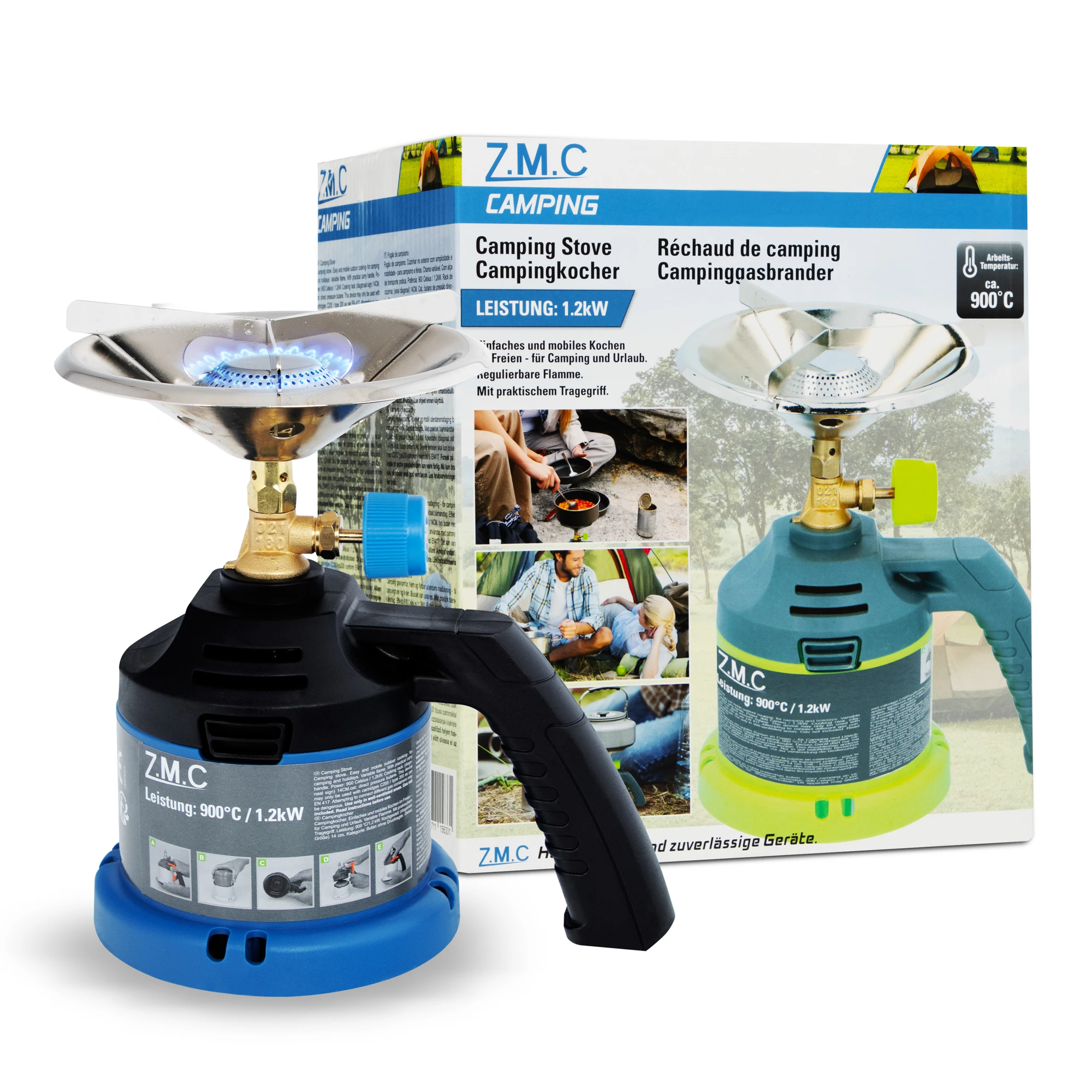 Z.M.C Premium Mini Campingkocher 1,2 kW bis 900 °C inklusive optionale 190g Gaskartuschen 2x - 10x | Tragbarer Gaskocher & Kohleanzünder mit Griff für Camping, Grill & Outdoor