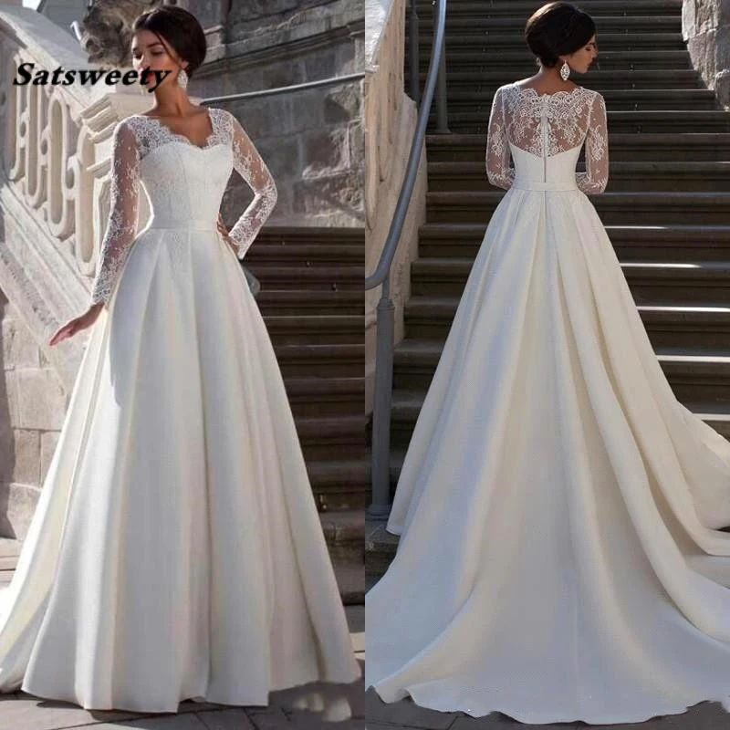 Vestido de novia de satén con Apliques de encaje para mujer, vestido de novia de corte en A, cuello en V, espalda transparente, manga larga, vestido