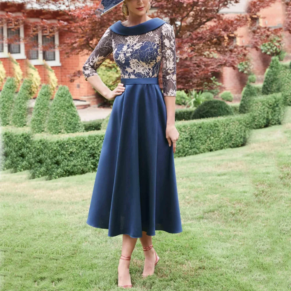 

Elegant Half Sleeves Lace Boat Neck A-line Satin Mother Of The Bride Dresses Women's Guest Party Gown والدة فستان العروس