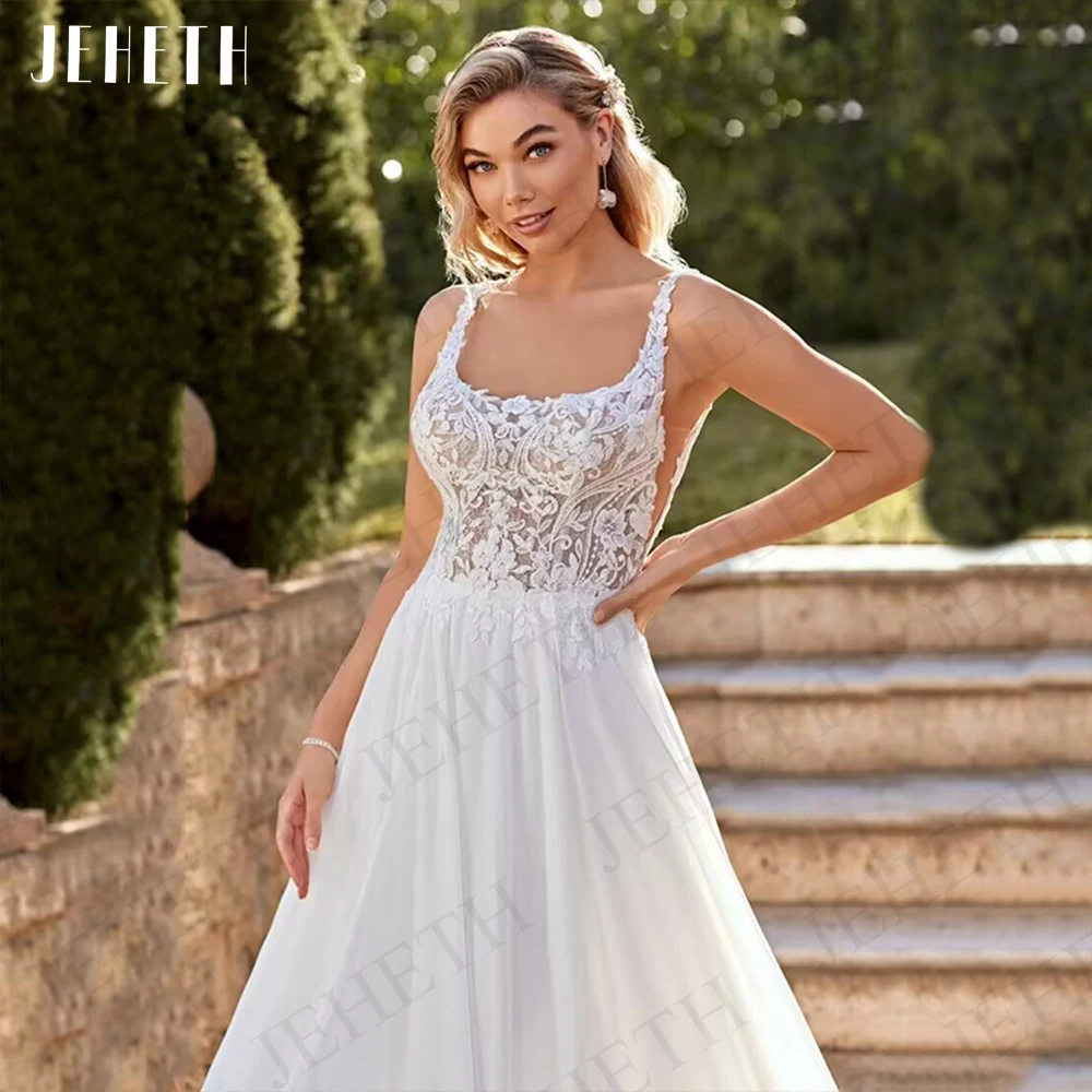 JEHETH Vestidos De Casamento Boho Beach Split Lace Elegante Chiffon Square Neck Backless Vestido De Noiva Mulheres A Line Vestidos De Boda 2023 Vestidos de noiva Boho Beach Split Lace  Vestido de noiva elegante de chif