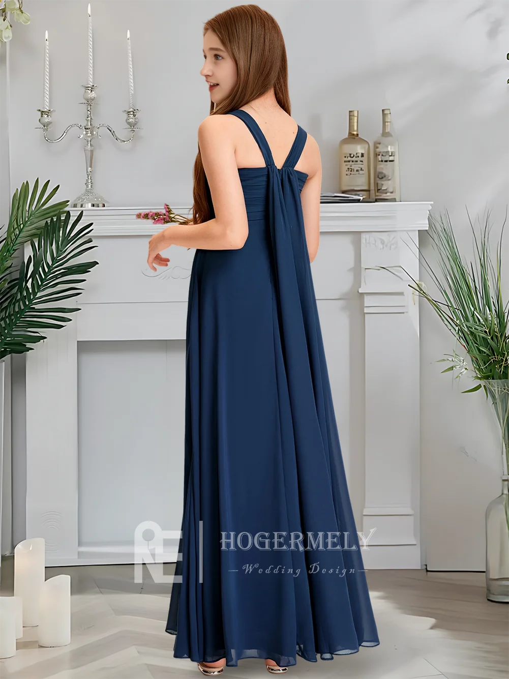 Платье подружки невесты в полный рост, темно-синее, с V-образным вырезом, шифоновое, кружевное, длиной до пола, платье с цветочным узором для девочек, без рукавов, с молнией сзади, идеально подходит для