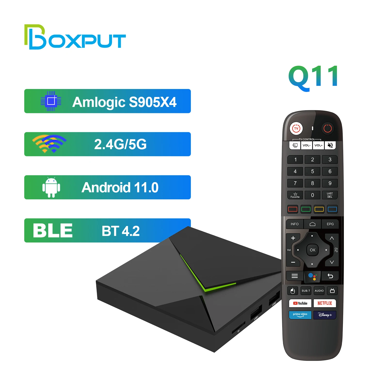 BOXPUT Q11 안드로이드 11 TV 박스, Amlogic S905X4 쿼드 코어 BT4.2 음성 리모컨, 2.4G/5G 듀얼 와이파이 1000M 8K 셋톱 박스, 4GB 32GB