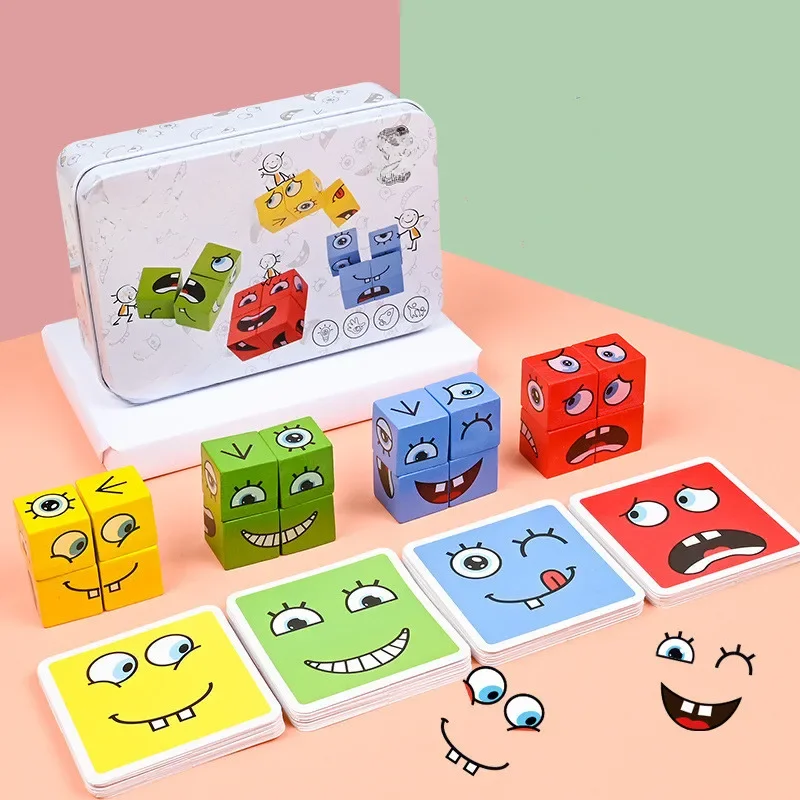Face Change Building Blocks Board Game for Children, Wood Puzzle, Expressão Montessori, Blocos de