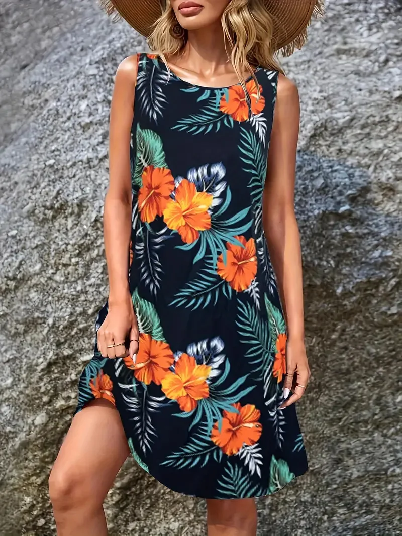 

Summer Fresh Floral Print Pocket Vest Dress Casual Sleeveless Round Neck Mid-length Holiday Beach Seaside Women's Dress