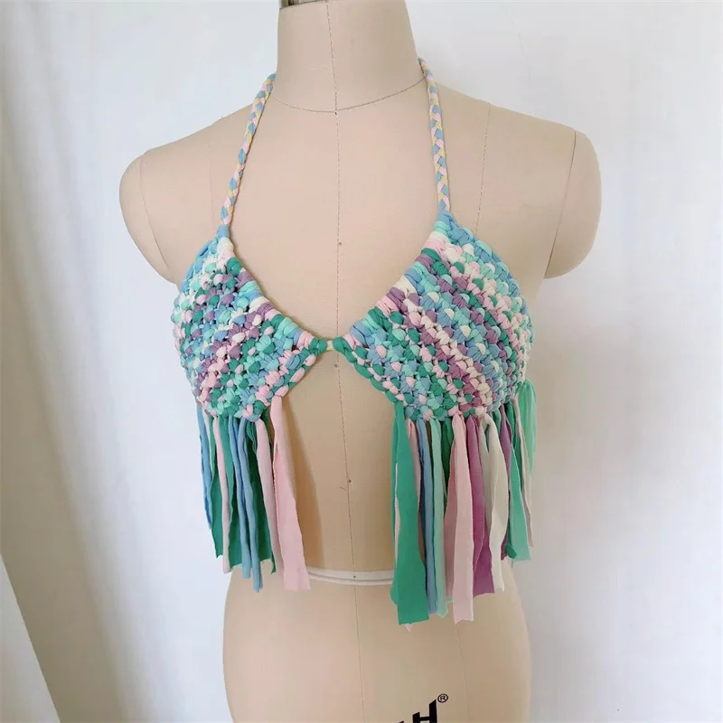 

Handmade Crochet Bikini Top Bra Cover-up Sexy Halter Lace Up Tassel Knit Swimwear Vest Women Swimsuit